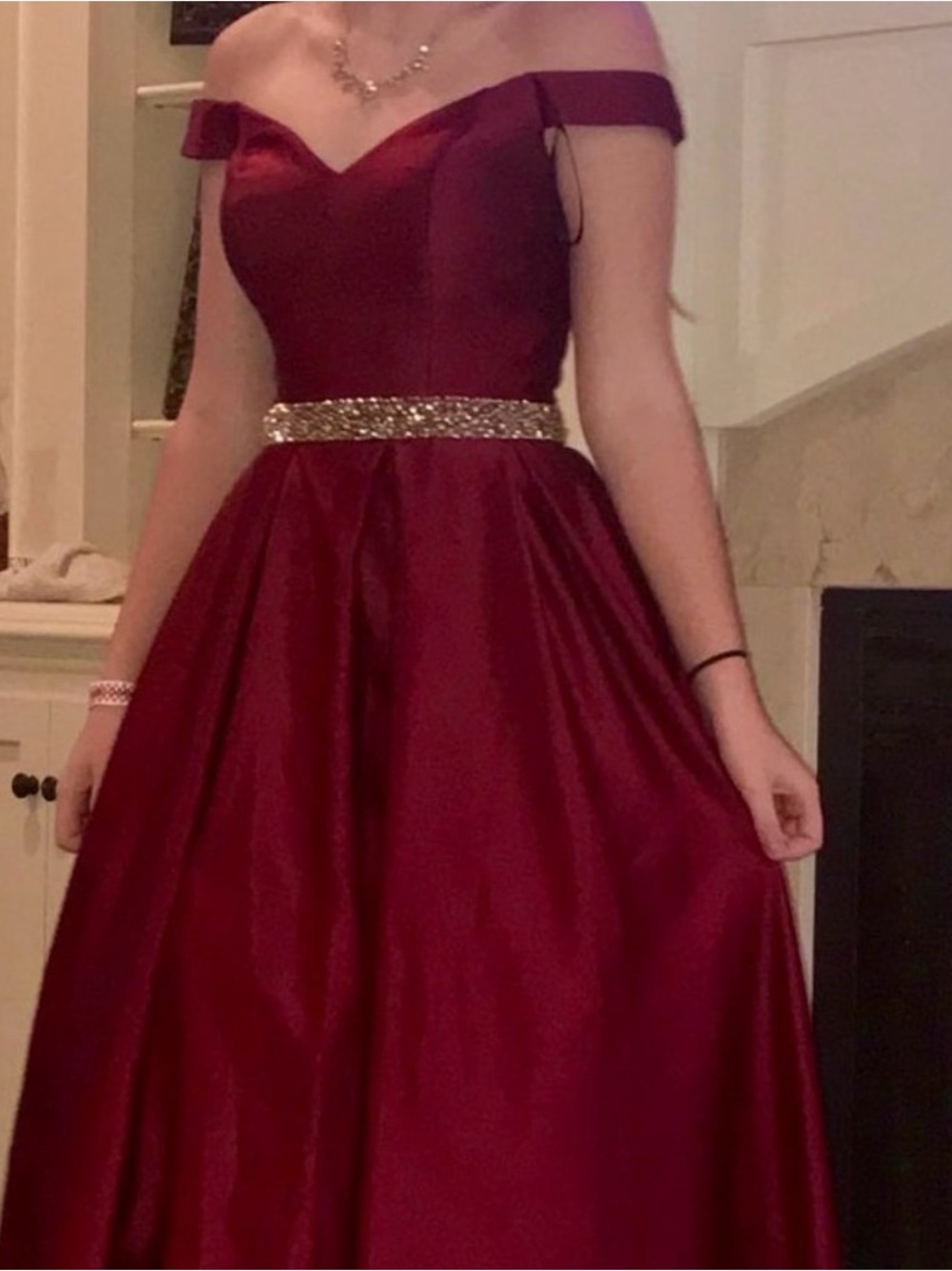 Off-Shoulder Wine Red Evening Gown with Embellished Waist